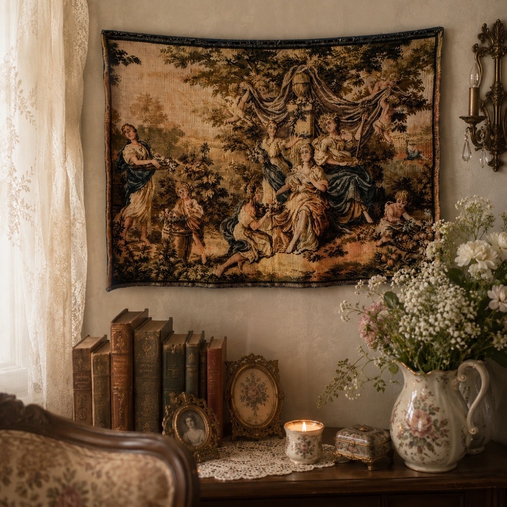 Vintage Classical Garden Scene Woven Tapestry Wall Hanging Cherubs Figural Art